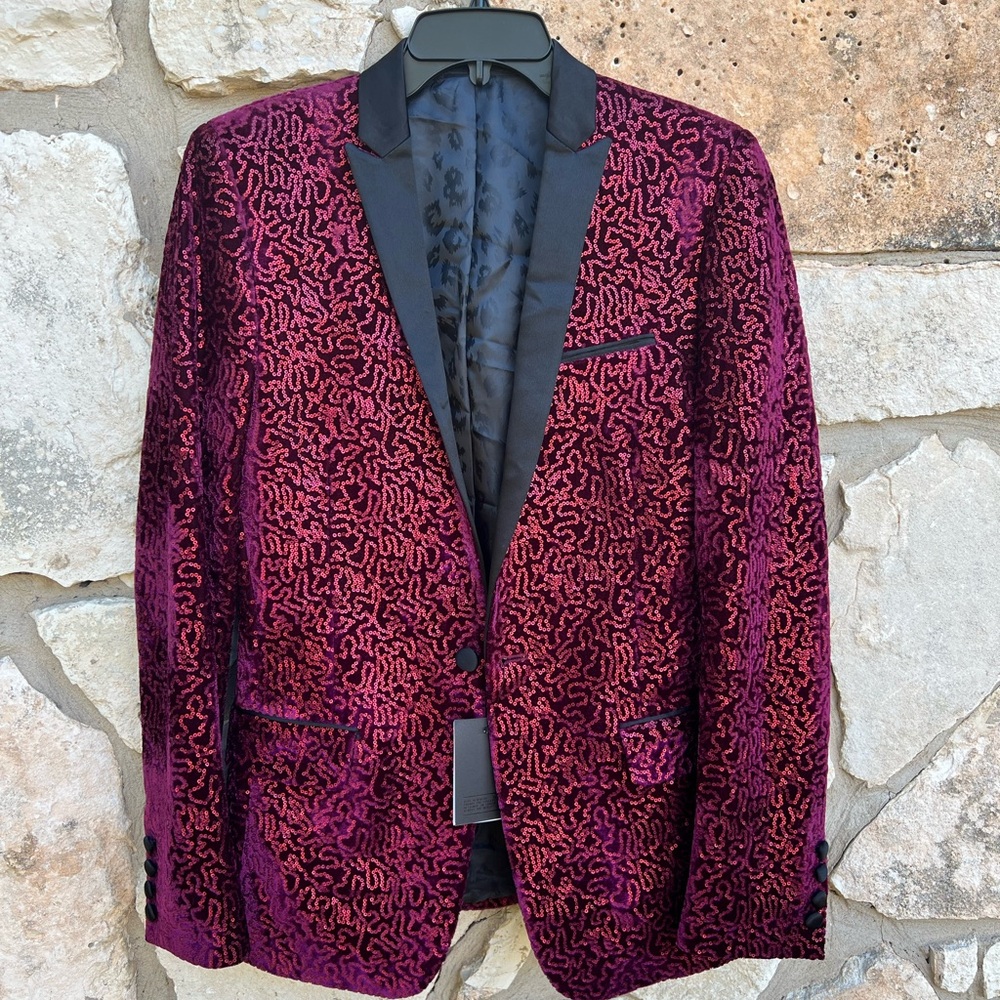 NWT ASOS 2-Piece Suit Set Tuxedo Sequin Maroon Men Size 38 Waist 30